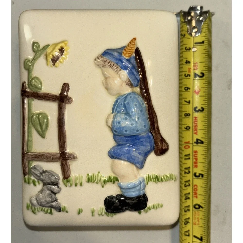 Vintage 1970's Ceramic HOLLAND MOLD Trinket Box Boy Rabbit Sunflower